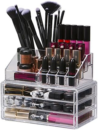 Organised Beauty 2 Piece Clear Acrylic Makeup Storage/Jewellery/Cosmetic/Nail Polish/lipstick Organiser Display Stand 3 Drawers |19 Sections | High Grade 3mm Acrylic