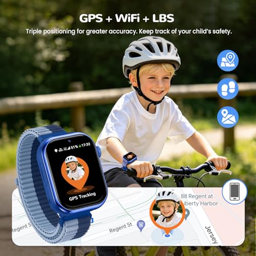 4G Children's Smart Watch with GPS, Video Call, Voice Chat, Dual Camera, SOS, School Mode, Pedometer, Alarm Clock, Camera, IP68, Smartwatch for Boys Girls, Blue