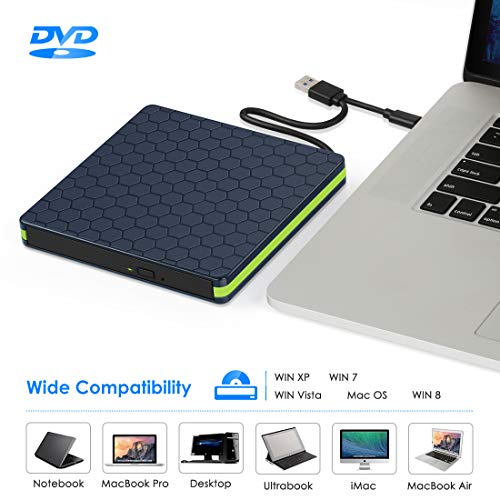Kingbox External DVD Drive, USB 3.0 Type-C Portable CD/DVD /-RW Optical Drive Slim DVD/CD ROM Burner Writer High Speed Data Transfer Compatible with Laptop Desktop PC Windows Linux Apple Mac OS (Blue)