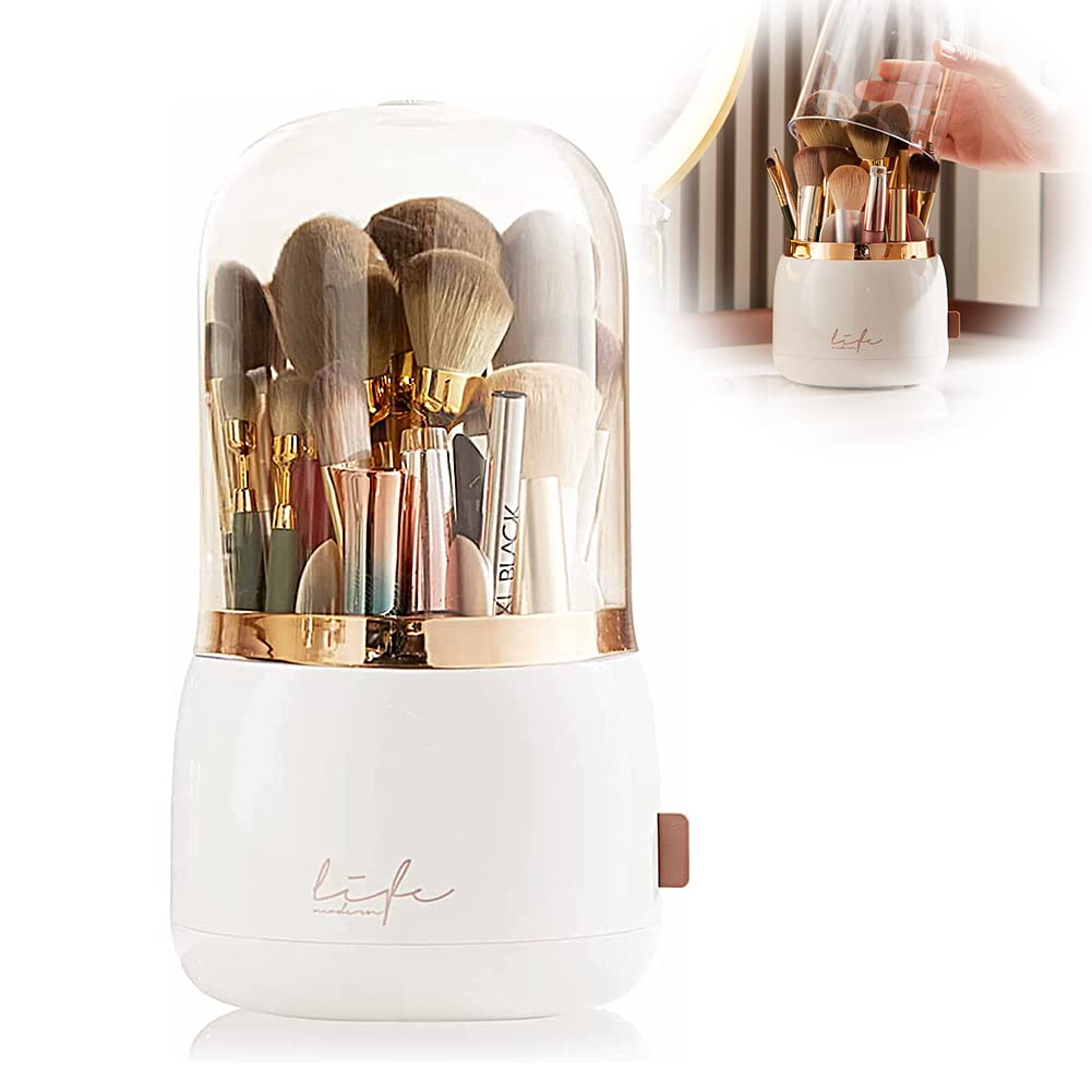LOMUG Makeup Brush Holder 360° Rotatable Makeup Organiser Brush Holder Cosmetic with Lid Makeup Brush Storage Organiser Lipstick Case Makeup Brush Holder for Dressing Table Bedroom Bathroom