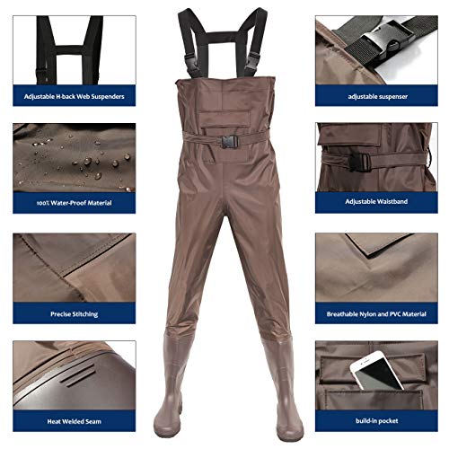 DOMICARE Chest Waders Waterproof Fishing Waders Breathable Hunting Waders 2-Ply Nylon/PVC Material Waders with Boot for Men and Women Brown Size 10