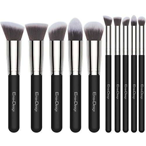 EmaxDesign Makeup Brushes Premium Makeup Brush Set, 10 Pieces Professional Foundation Blending Blush Eye Face Liquid Powder Cream Cosmetics Brushes (Silver Black)