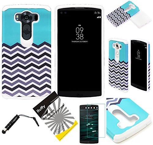 For LG V10 ITUFFY (TM) 3items Combo: Screen Protector + Stylus Pen + Dual Layer Shock Proof Hybrid Armor Case (Blue Chevron White)