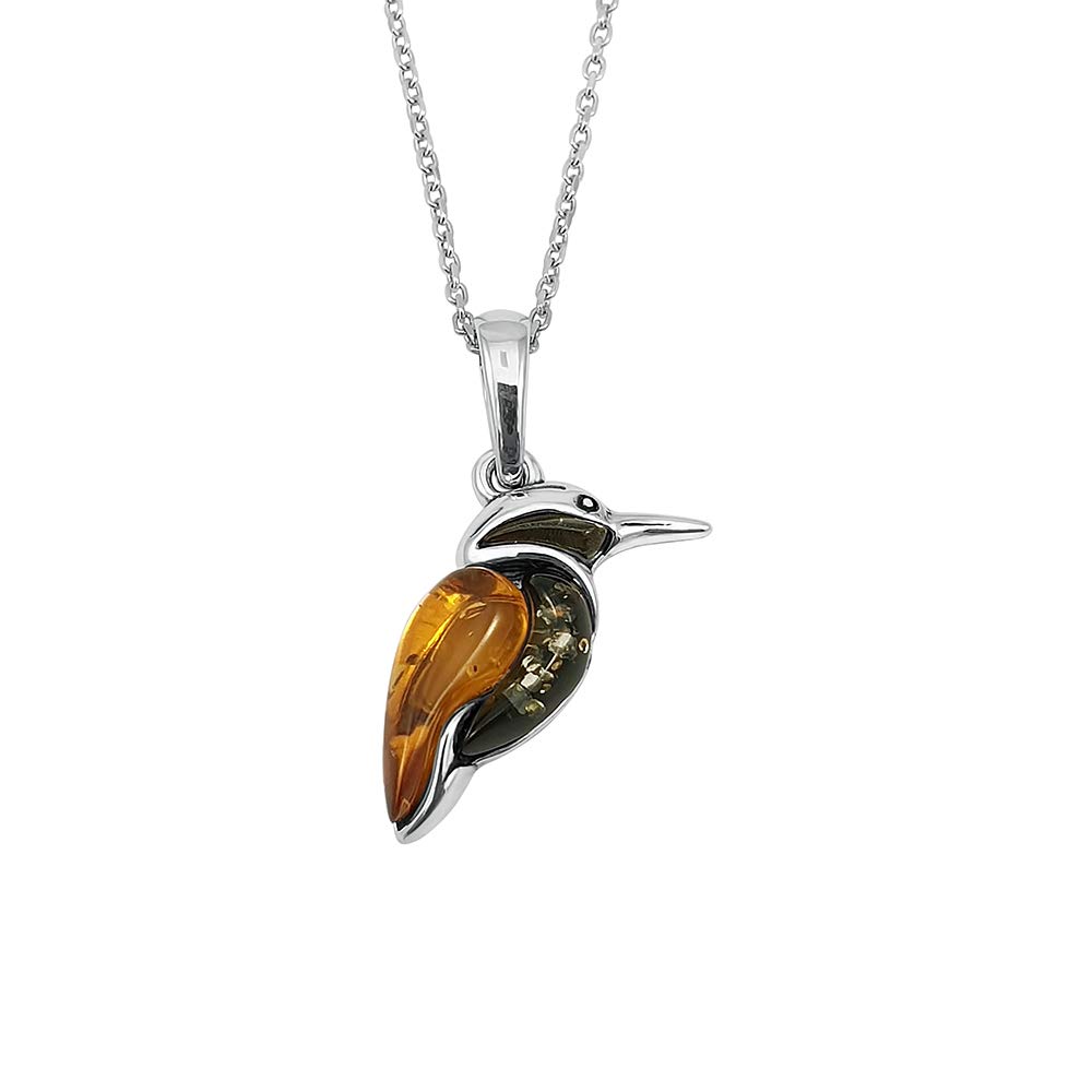 Kiara Jewellery Sterling Silver Kingfisher Pendant Necklace Inlaid With Mixed Colour Amber on 18" Italian Sterling Silve Tracer Chain.