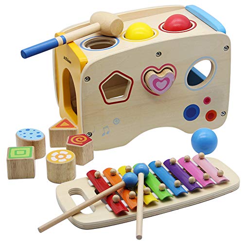 ATDAWN Wooden Shape Sorter Bus with Slide Out Xylophone, Wooden Musical Pounding Toy, Baby Color Recognition and Geometry Learning, Multifunctional and Bright Colors (Style 1)