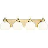 METWET Bathroom Light Fixtures, 4 Light Brushed Gold Vanity Light, 26 Inch Modern Wall Sconces with Globe Milk White Glass Sh