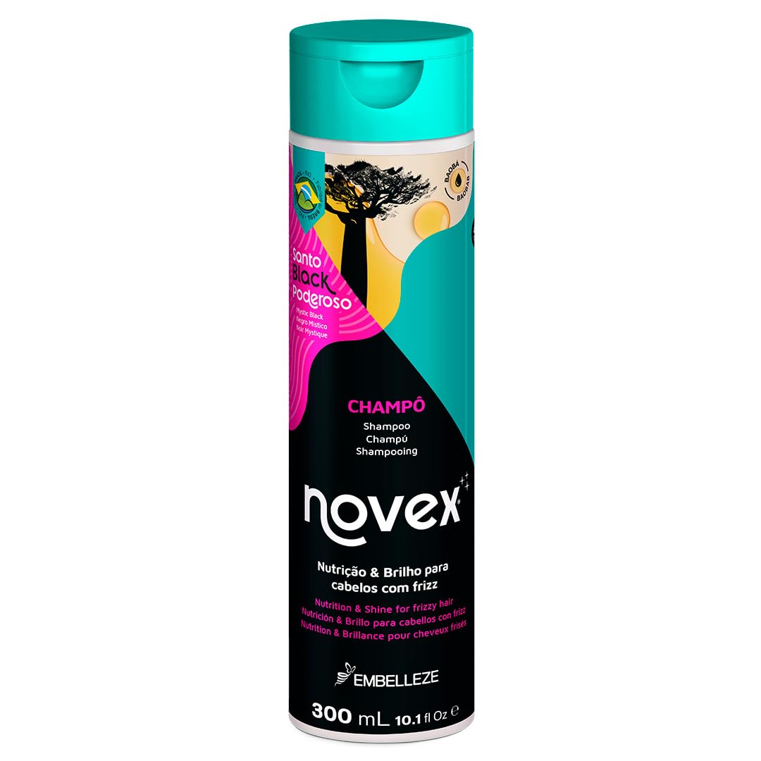 Novex Mystic Black Shampoo Enriched with Baobab Oil, Moisturises and Helps Control Frizz and Split Ends, Suitable for all Hair Types 300ml