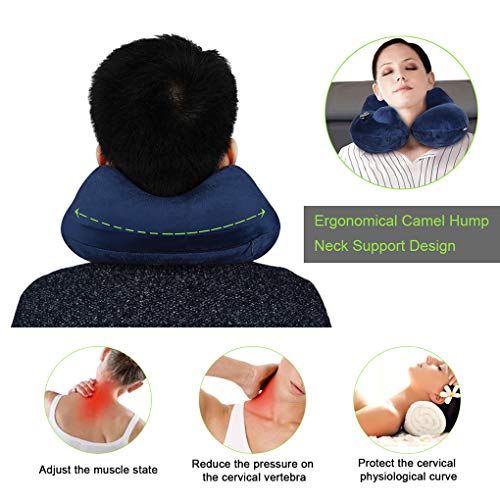 Philorn Inflatable Travel Pillow, Cervical Neck Pillow Inflatable, U Shaped Air Pillow with Soft Velvet Cover, Eye Mask, Earplugs | Self Pump No Need to Blow | Ideal for Sleeping on Train/Plane/Office