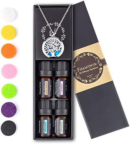 Faurora Essential Oil Necklace Gift Set, Tree of Life Aromatherapy Diffuser Necklace with 4 Aroma Oils (Lavender, Lemongrass, Peppermint and Sweet Orange) 27.6'' Chain