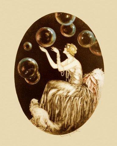 Fashion Lady Girl Bubbles Persian Cat Art by Louis Icart 12" X 16" Image Size Vintage Poster Repro on Matte Paper