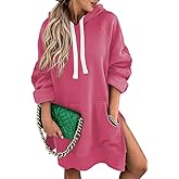 SHEWIN Women's Oversized Casual Pullover Long Sleeve Split Hem Drawstring Hoodies Dress With Kangaroo Pocket