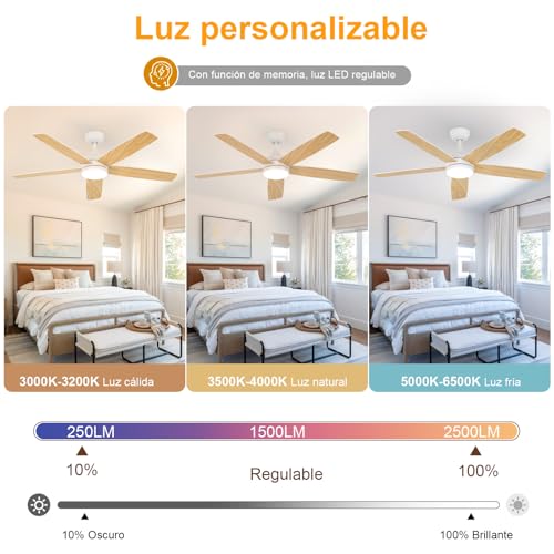 Dorlink Ceiling Fan Lamp with Remote Control, Ø132 cm, 6 Speeds, Timer, 34W DC Motor, Summer-Winter Function, Fan Lamp for Indoor Bedroom, Natural Wood Colour/White