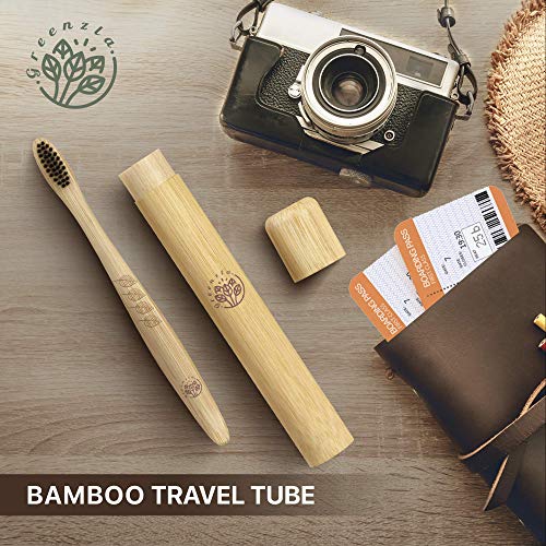 Greenzla Bamboo Toothbrush Set (4 Pack) With Travel Toothbrush Case & Charcoal Dental Floss in Small Jar | Natural Eco Friendly Toothbrushes for Adults | BPA Free & Biodegradable Wooden Toothbrushes