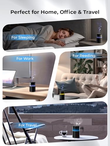 Pmsusoow Waterless Essential Oil Diffuser: 𝟗 𝐂𝐨𝐥𝐨𝐫𝐬 𝐋𝐄𝐃 Scent Diffuser for Home&Car&Office - Portable Diffuser with 48H Battery, 4 Timers & 3 Mist Levels, Carbon Black