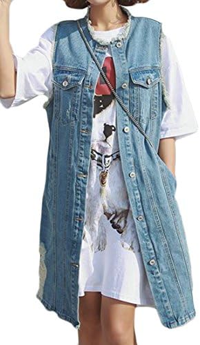 Sayhi Womens Washed Waistcoat Broken Hole Cutoff Jacket Distressed Longline Denim Vest