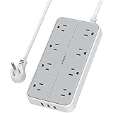 Surge Protector Power Bar with 3 USB Ports,6 Feet Extension Cord Indoor,TESSAN Flat Plug Power Strip with 8 Widely Spaced Out