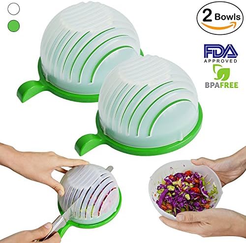 [2-PACK] Green Salad Cutter Bowl Set - 4 In 1 Multi-Functional- Make Your Salad in 60 Seconds with this Fast &amp; Easy To Use Salad Chopper, Cutting Board, Strainer &amp; Bowl (Green)
