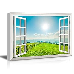 Window View Pasture with Green Grass and Cottages Among Mountains Gallery 12x18 inches