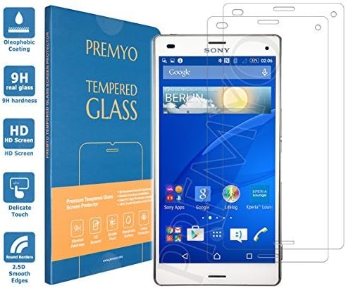 PREMYO Sony Xperia Z3 Compact tempered glass. Xperia Z3 Compact screen protector with 9H hardness and 2.5D round edges. Sony Z3 Compact glass screen protector