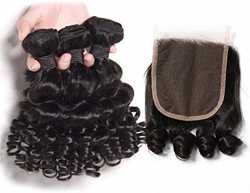 Funmi Hair Tip Loose Lace Closure With 3 Bundles Peruvian Human Hair Double Drawn Bouncy Curls Natural Color Can Be Dyed -16 18 18+16inch