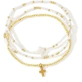 SHINUS BOHO Dainty 14k Gold Plated Cross Colorful Beaded Stack Bracelets Sets for Women,3Pcs Stackable Cute Christian Stretch Christmas Trendy Jewelry Friendship Gift