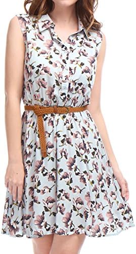 Allegra KWomen's Valentine's Day Floral Printed Half Placket Knee Length Sleeveless Spring Belted Dress