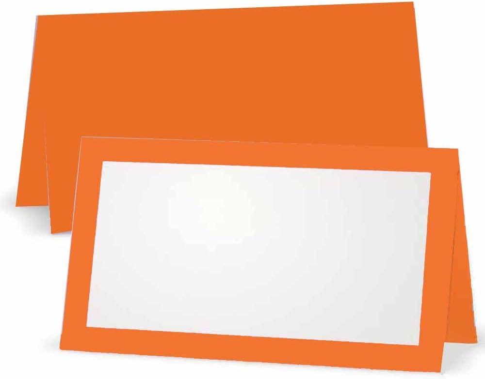 Orange Place Cards - Flat or Tent - 10 or 50 Pack - White Blank Front with Border - Placement Table Name Seating Stationery Party Supplies - Occasion or Event - Dinner Food Display (10, Tent Style)