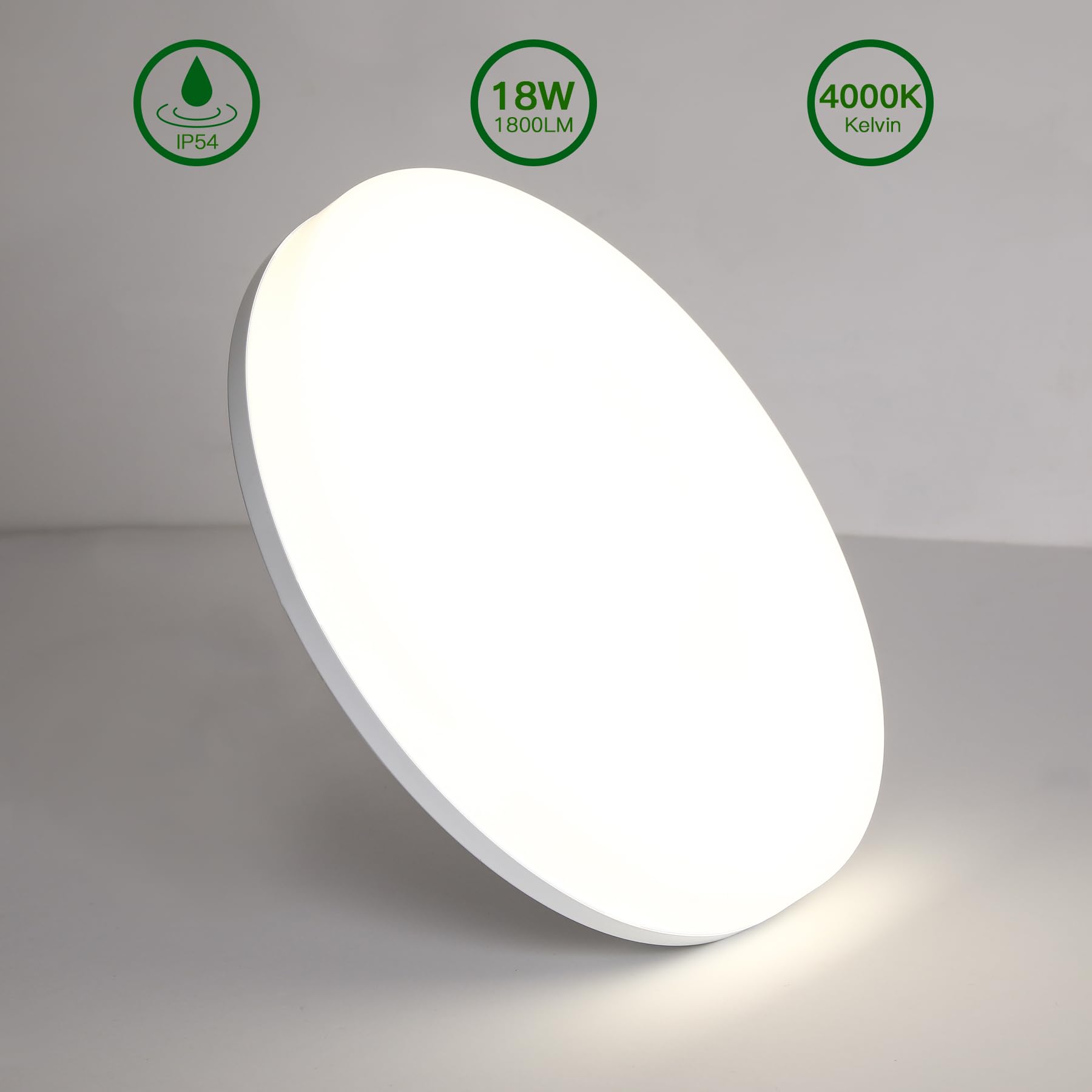Aogled Plafonnier LED 18 W 1800 LM 4000 K Blanc Naturel Rond, Diamètre 22 cm, Angle du faisceau 180°, Lampe de salle de bain, Étanche IP54, Lampe de salon, Plafonnier, Adapté au balcon, Sans détecteur