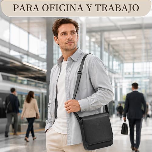 Eshow Genuine Leather Crossbody Bags for Men, RFID Blocking Anti-Theft Bag for Work University Business Travel and Urban Commuting, Black/White, Formal | Bolso Antirrobo para Trabajo Universidad Negocio Viajes y Desplazamientos Urbanos