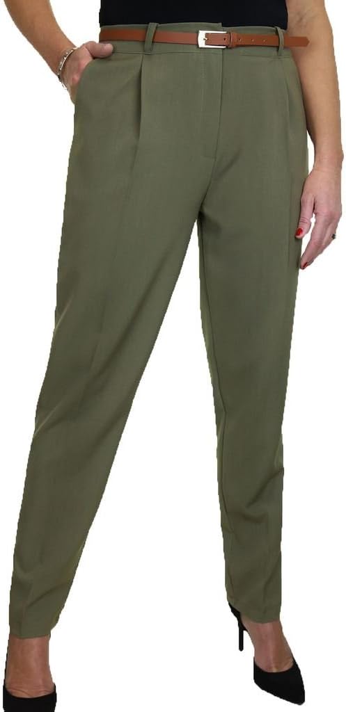 icecoolfashion Womens Tapered Leg Smart Tailored Office Day Trousers Free Belt Size 8-22