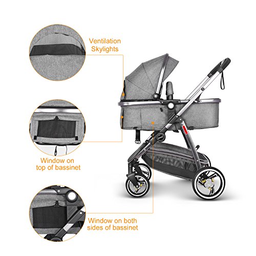 Besrey Pram Baby 2 in 1 Carriage with Convertible Reversible Bassinet & Shock Absorber for Infant Newborn Sit and Sleep Stroller - Gray