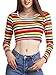 Beluring Womens Lightweight Rainbow Colored Stripe Vintage Long Sleeve Crop Top,Multicoloured,Large