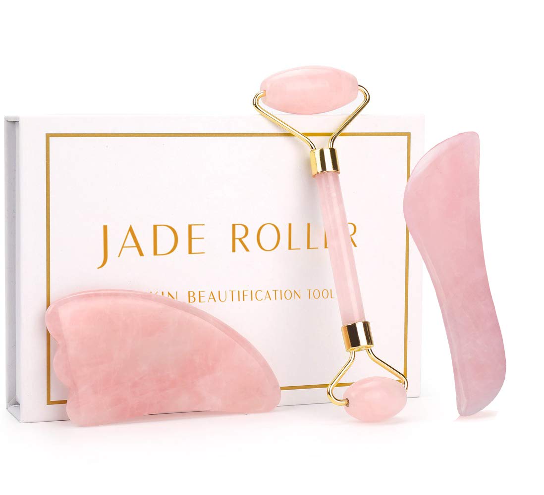 NewL Facial Massage, Set of 3 Royal Jade Roller, Natural Rose Quartz Anti-Aging Tools for Face Neck Eye Body with Box