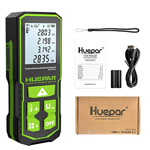 Huepar 120M Laser Distance Meter with Rechargeable Battery and Dual Angle Display, M/in/Ft Laser Meter with Mute Function and Multiple Measurement Modes, Pythagoras, Distance – S120