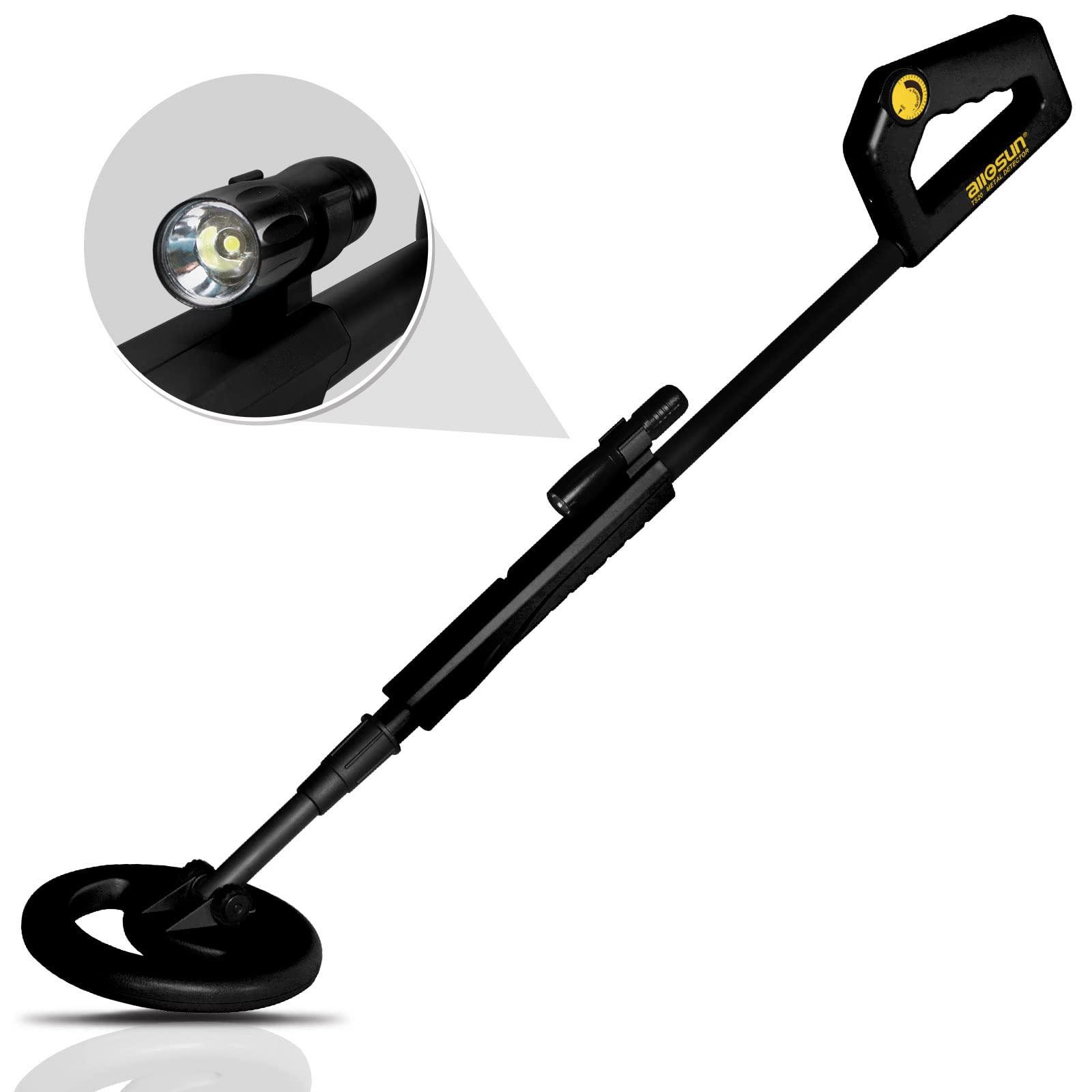 allsun Handheld Lightweight Metal Gold Detector with 6 Inch Rainproof Search Coil 29.5-40 Inch Height Adjustable Stem Flashlight Black