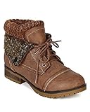 Refresh BH47 Women Leatherette Sweater Knit Fold Down Fur Trim Combat Bootie - Taupe (Size: 7.5)