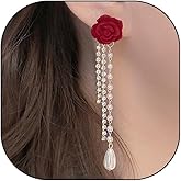 Vintage Camellia Earrings for Women Pearl Cubic Zirconia Tennis Chain Tassel Earrings Red Velvet Rose Rhinestone Drop Dangle Earrings Statement Jewelry Gifts