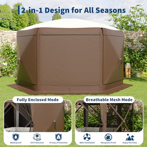 11.5x11.5 ft Pop Up Gazebo Screen Tent with 6 Wind Panels - Instant Setup Outdoor Canopy for Backyard and Garden,Khaki