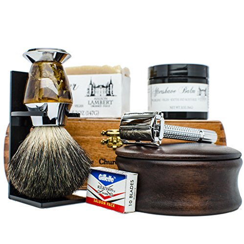 Ultimate Shaving Kit Set with Organic Shaving Soap, Aftershave balm, Wood Shaving Bowl, 100% Pure Black Badger Shaving Brush and Double Edge Safety Razor with 10 Blades. Best fathers day gift!