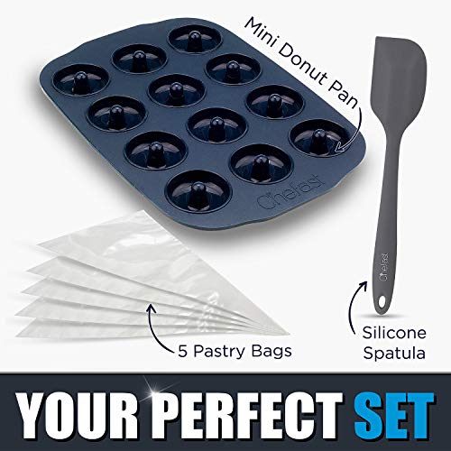 Chefast Mini Donut Pan Set - Combo Kit of 12-Hole, Non-Stick Silicone Doughnut Maker, 5 Pastry Bags, and Spatula - Oven and Dishwasher-Safe Baking Mold for Small Donuts, Cookies, Resin Art and More