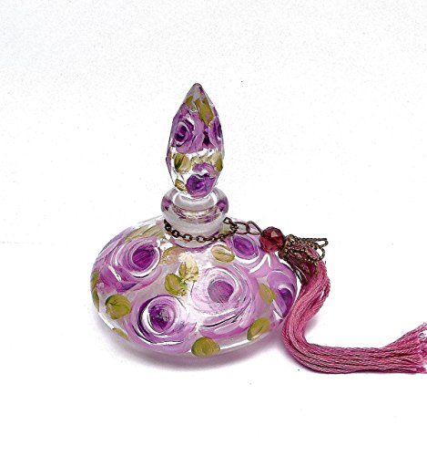 Small Glass Genie Refillable Empty Perfume Bottle with Stopper and Hand Painted Lavender Roses