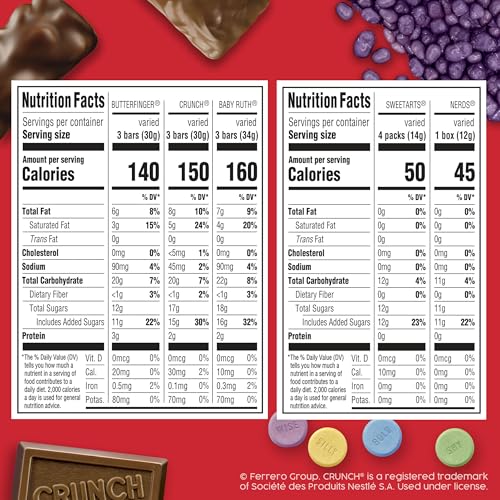 BUTTERFINGER, CRUNCH, BABY RUTH, NERDS, SWEETARTS, 160 COUNT, CANDY VARIETY PACK, INDIVIDUALLY WRAPPED ASSORTED MINI SIZE HALLOWEEN CANDY, 44.8 OZ BAG