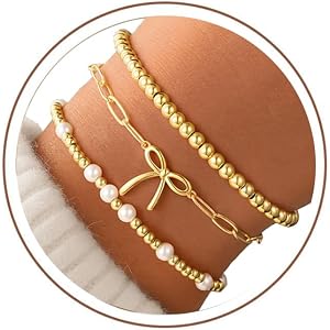 Turandoss 14K-Gold-Plated Bracelets for Girls Women,Beaded Bracelet Stack | Colorful Beaded Bracelets,Layered Stretch Bracele