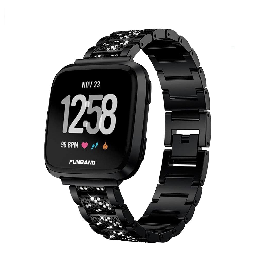 FunBand Strap Compatible with Fitbit Versa Strap Bands, Stainless Steel Bling Replacement Band Accessories Bracelet with Rhinestones Diamond Compatible with Fitbit Versa/Versa 2/Versa Lite Watch Band