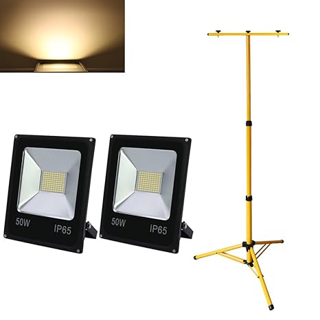 Hengda® 2X 50W Außen LED Fluter Warmweiß Scheinwerfer mit Stabiles Höhenverstellbar Dopel Stativ Teleskop Ständer IP65