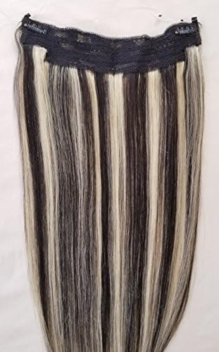 18″ 100% Highlighted Human Hair Extensions, Halo Style (ONE PIECE) with an adjustable invisible wire (Fishing String) #1B/613 Off Black Mixed With Platinum Blonde