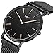 Watch,Mens Women Watch Luxury Fashion Black Super Thin Case Waterproof Analog Quartz Magnetic Mesh Band Wrist Watch (Black)