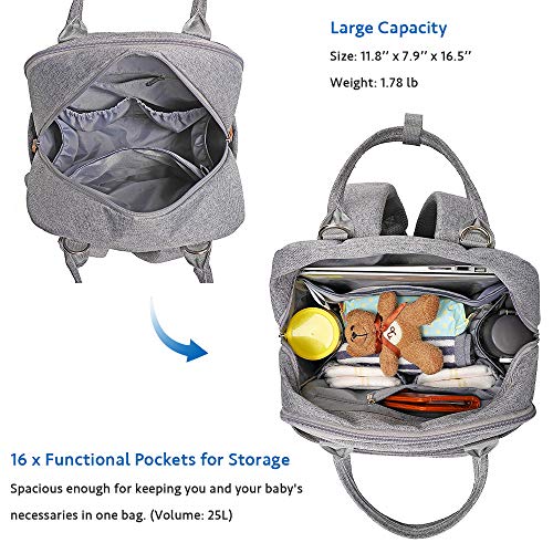 Diaper Bag Backpack, Large Capacity Unisex Nappy Changing Bags for Boys and Girls Waterproof Multifunction Travel Back Pack for Mom and Dad, Gray