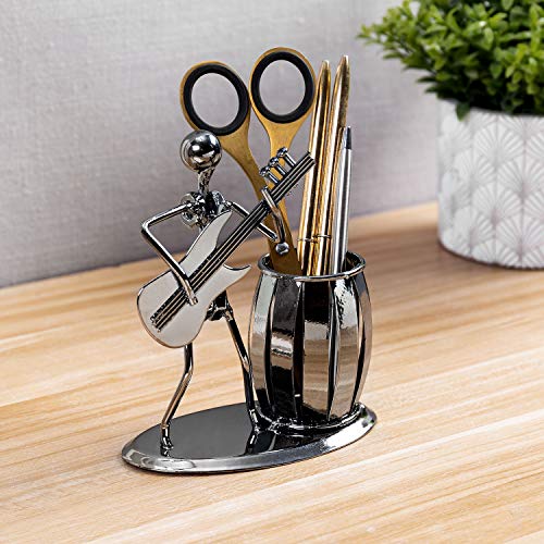 MyGift Decorative Gunmetal Gray Metal Desk Pen Holder Cup with Rocker and Guitar Design, Office
