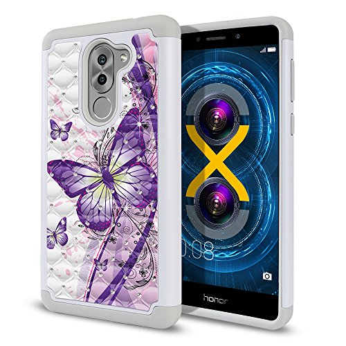 FINCIBO Case Compatible with Huawei Honor 6X/ Mate 9 Lite 5.5 inch, Dual Layer Shock Proof Hybrid Protector Case Cover TPU Sparkle Rhinestone Bling for Honor 6X - Purple Butterfly (Style 2)
